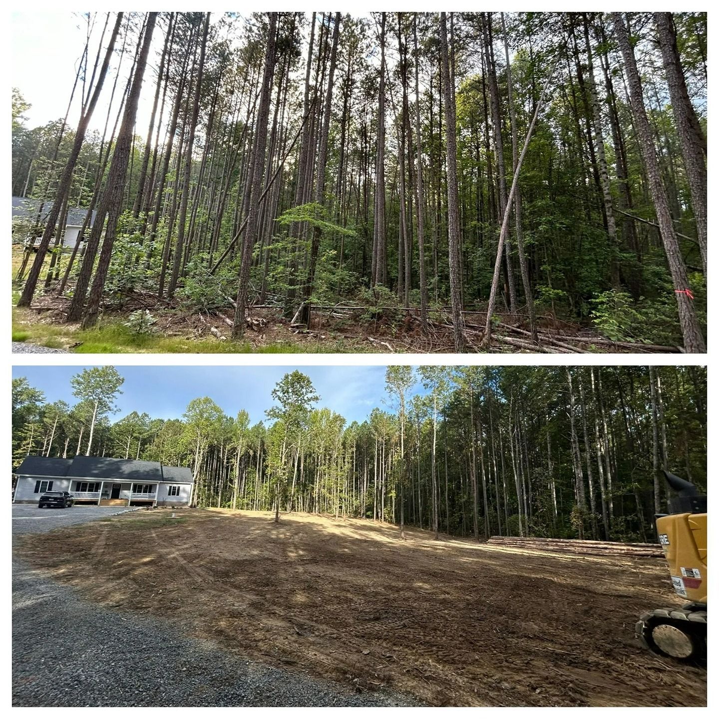Before and after comparison of a wooded lot cleared of undergrowth near a house, with construction equipment visible.