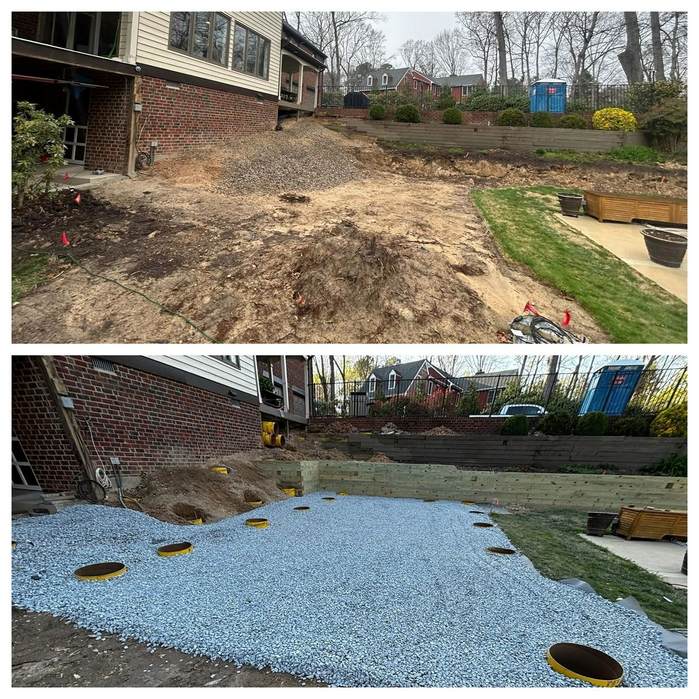 A split-view showing a dirt backyard before construction and after installing gravel with circular footing forms.