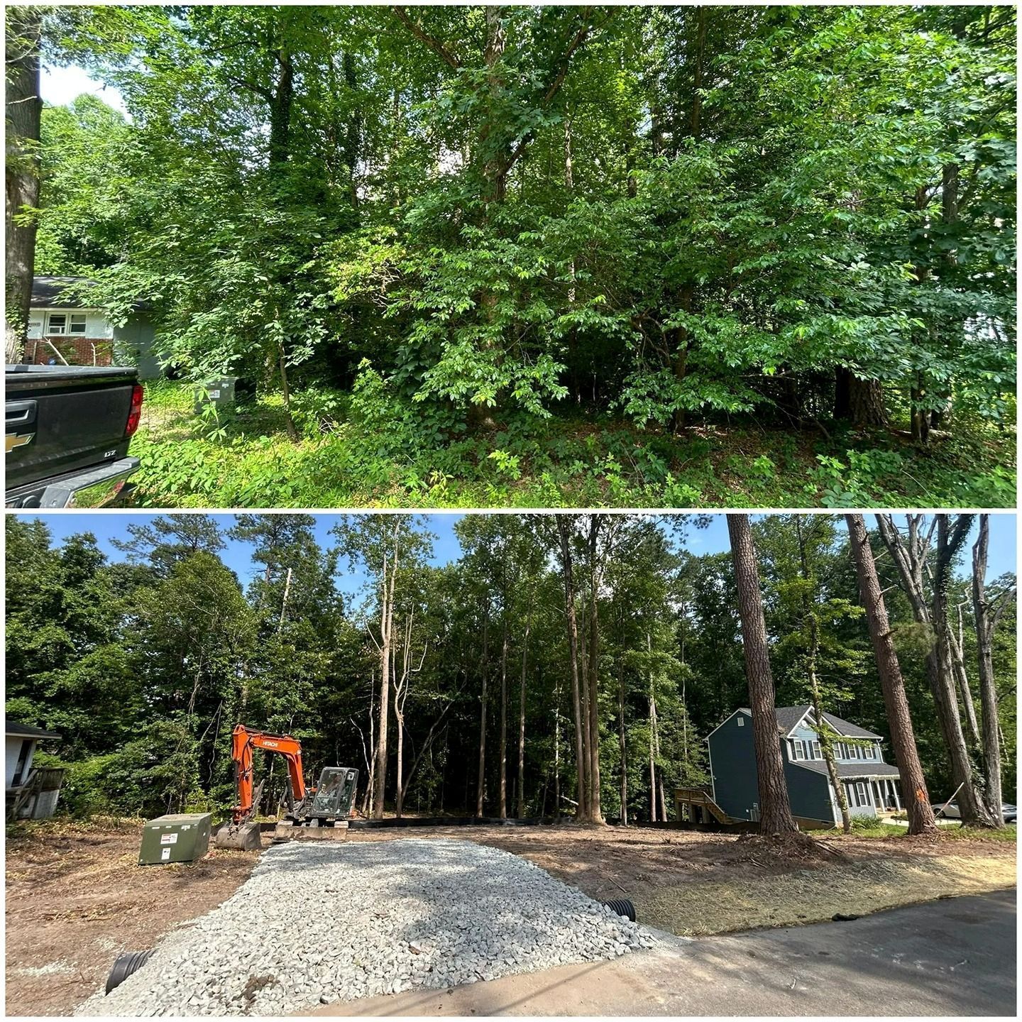 Before-and-after view of a wooded lot cleared for construction, showing a gravel driveway and an orange excavator.