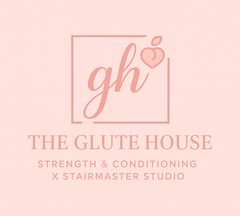 Logo for The Glute House: pink text in a square; stylized "gh" with heart; below, text describes services.