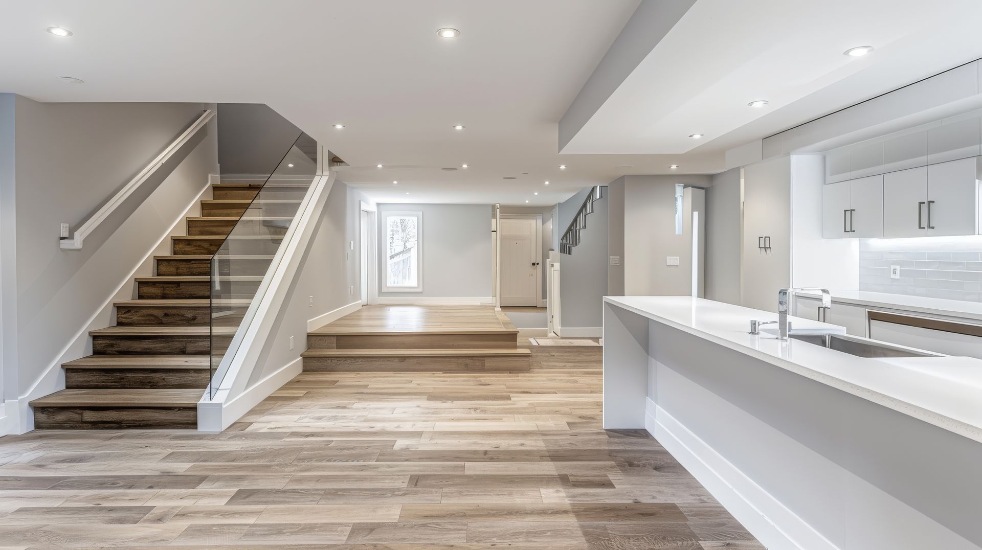 Un sous-sol avec escalier menant au deuxième étage et une cuisine.