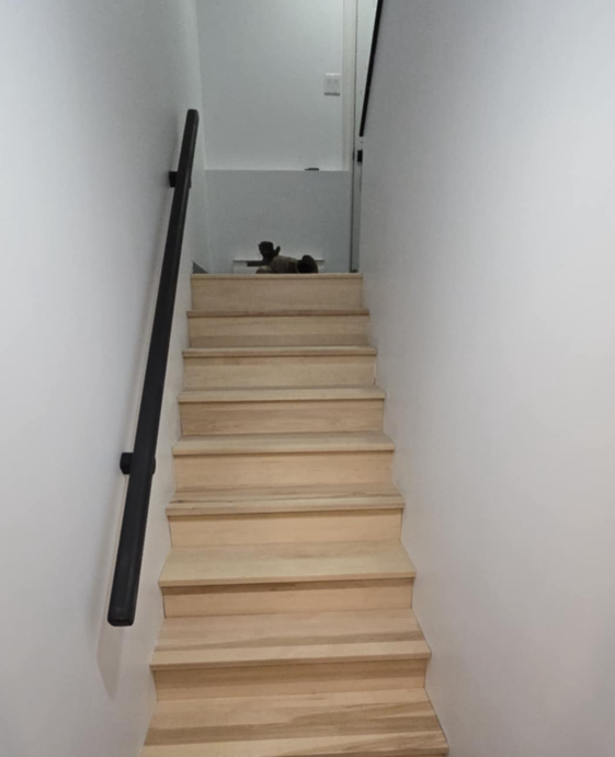 Les escaliers sont en bois et ont une rampe noire.