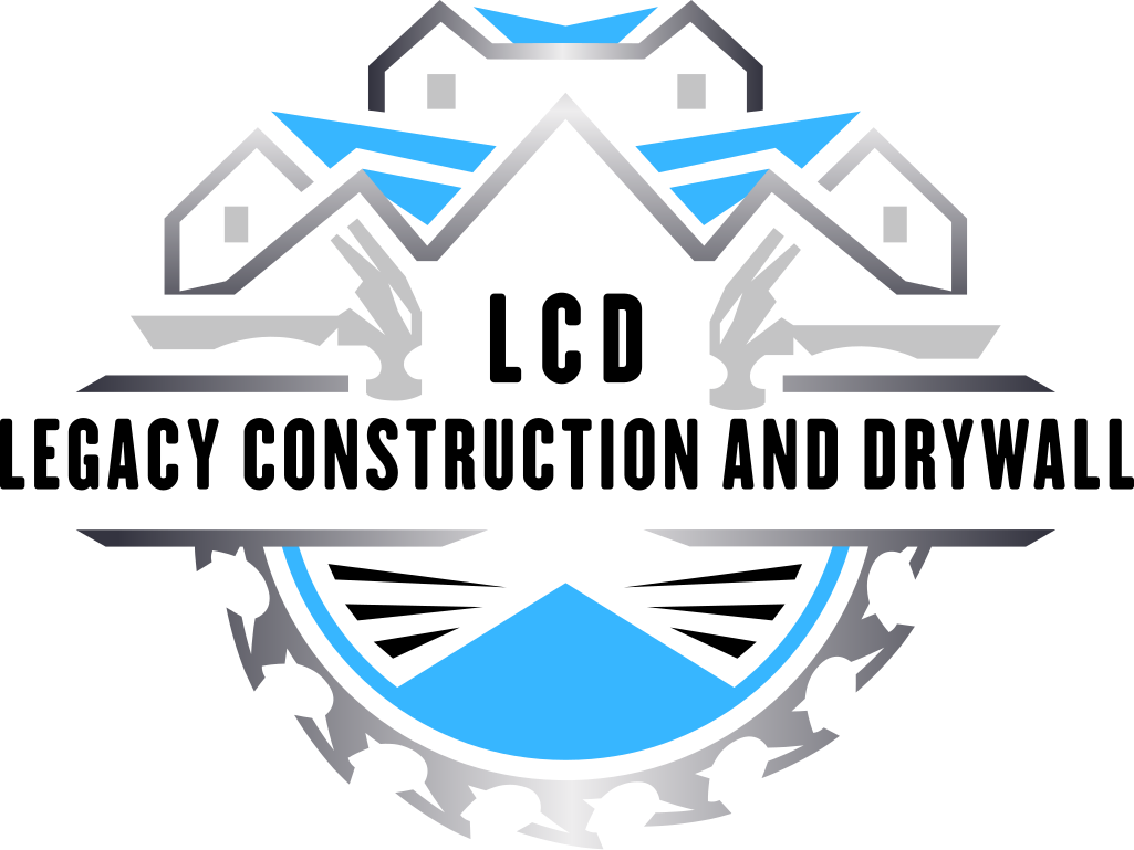 Logo for Legacy Construction and Drywall; blue and silver with house and tools, and text "LCD Legacy Construction and Drywall".