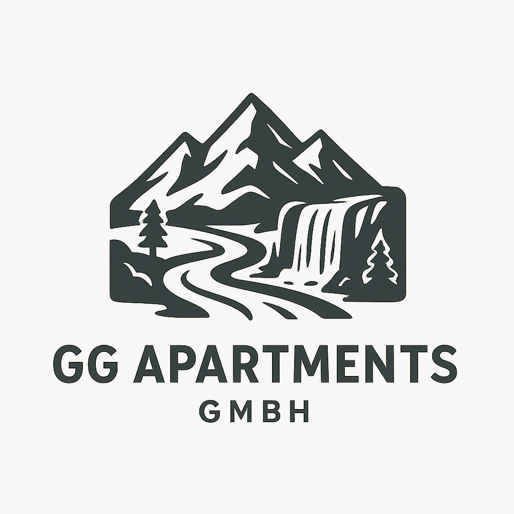 GG Apartments GmbH logo with mountains, river, waterfall, and pine tree in dark gray