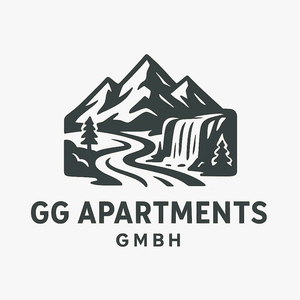 GG Apartments GmbH logo with mountains, river, waterfall, and pine tree in dark gray