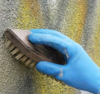 A person wearing blue gloves is cleaning a wall with a brush. - 
Se imponerende før- og efterbilleder af vores rensede facader og fliser i Sønderjylland. Algerens, algebehandling, facaderens, fliserens.
