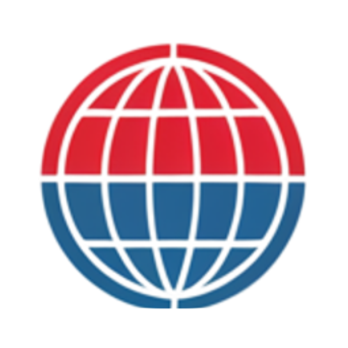 A red and blue globe on a white background