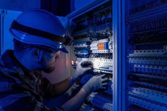 Technician in hard hat wiring an electrical control panel under blue lighting