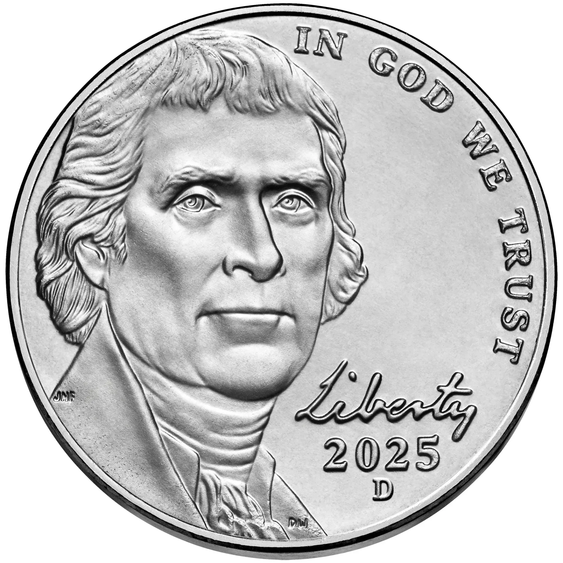 A nickel coin with Thomas Jefferson portrait and inscription