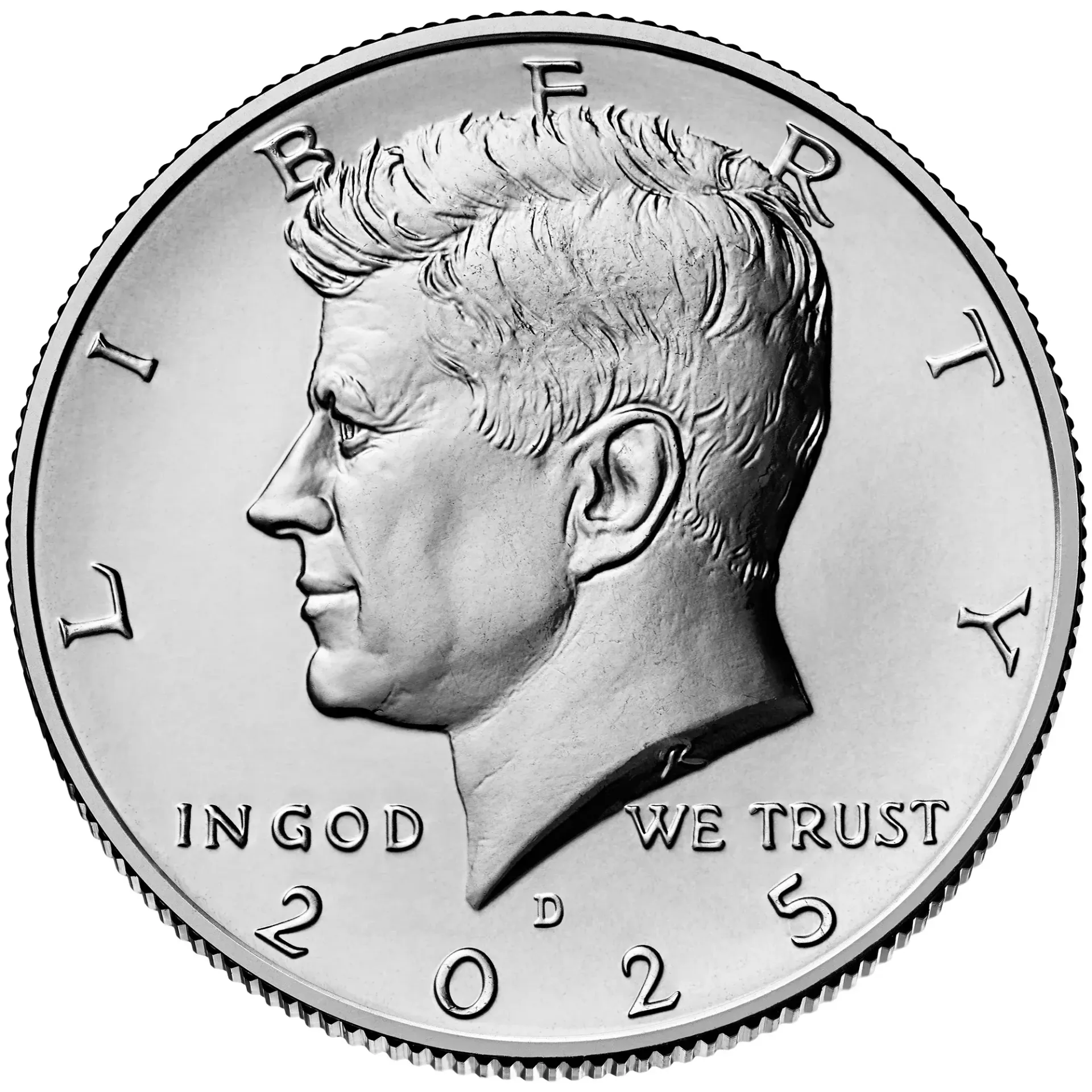 Kennedy half-dollar coin, 2025. Shows portrait of John F. Kennedy, with