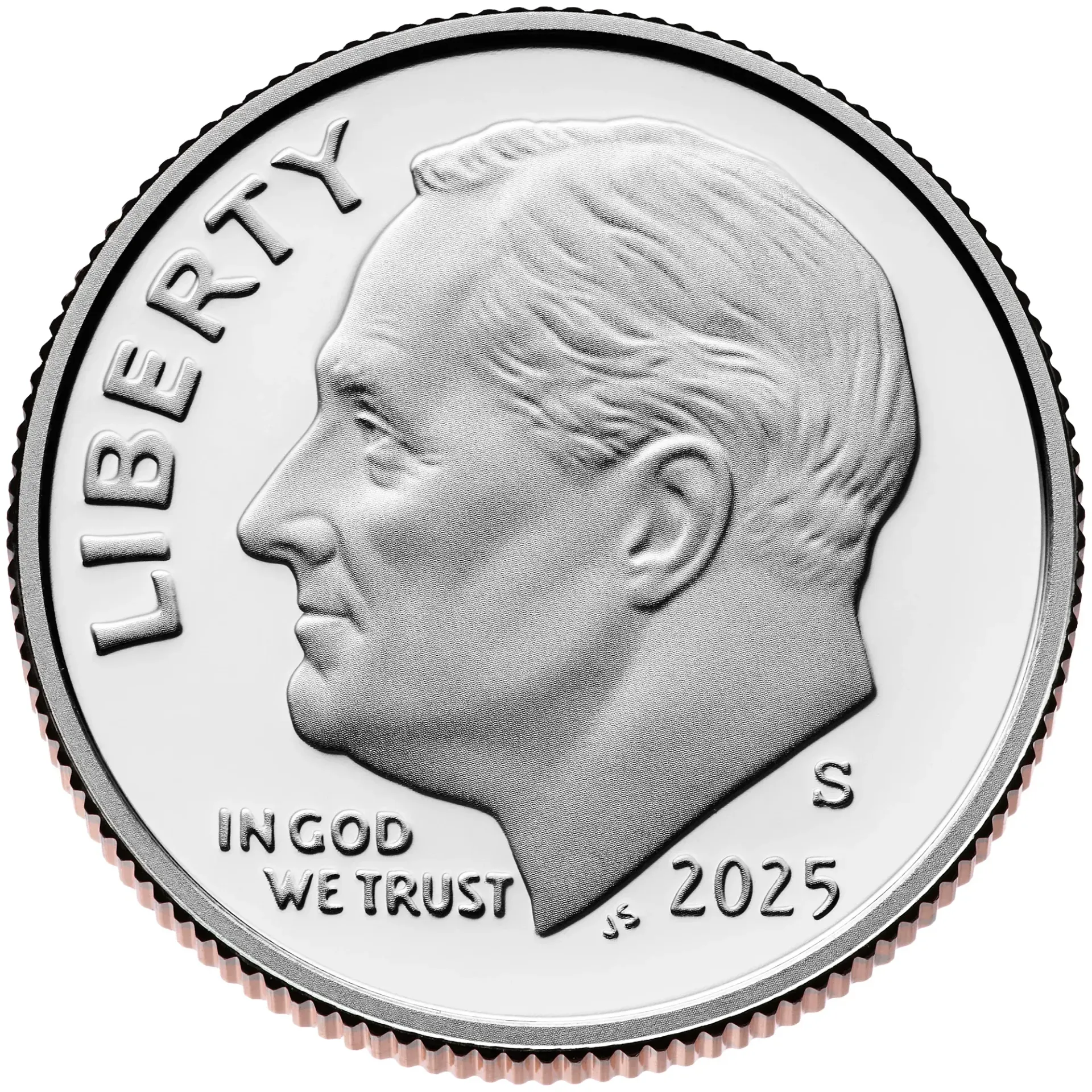 Obverse of a 2025 dime with the profile of Franklin D. Roosevelt,