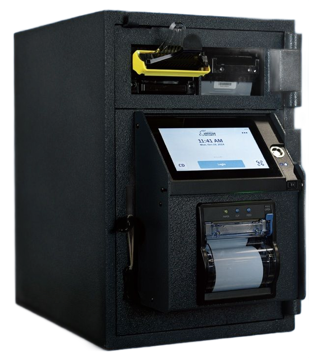 Black automated payment kiosk with a touchscreen, receipt printer, and card reader.