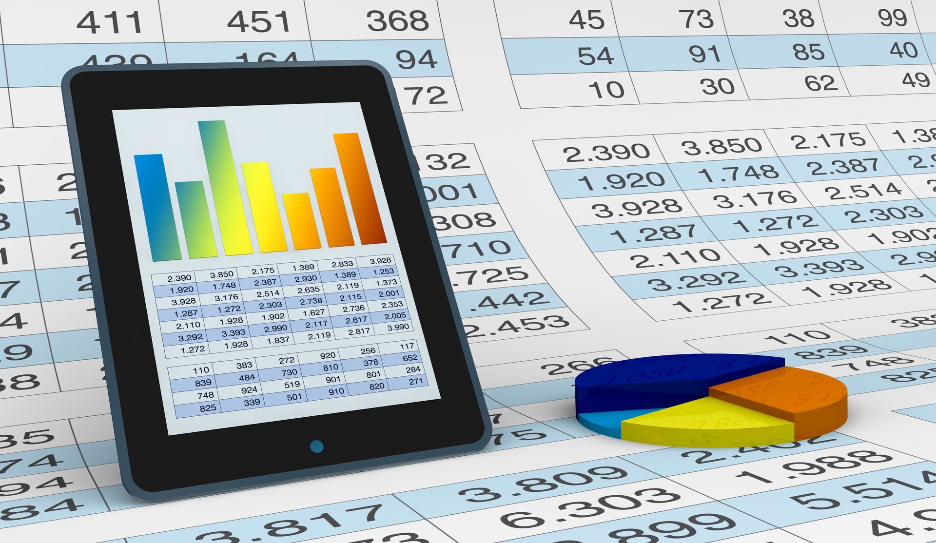 Tablet displaying a bar graph, with a pie chart and spreadsheet in the background.