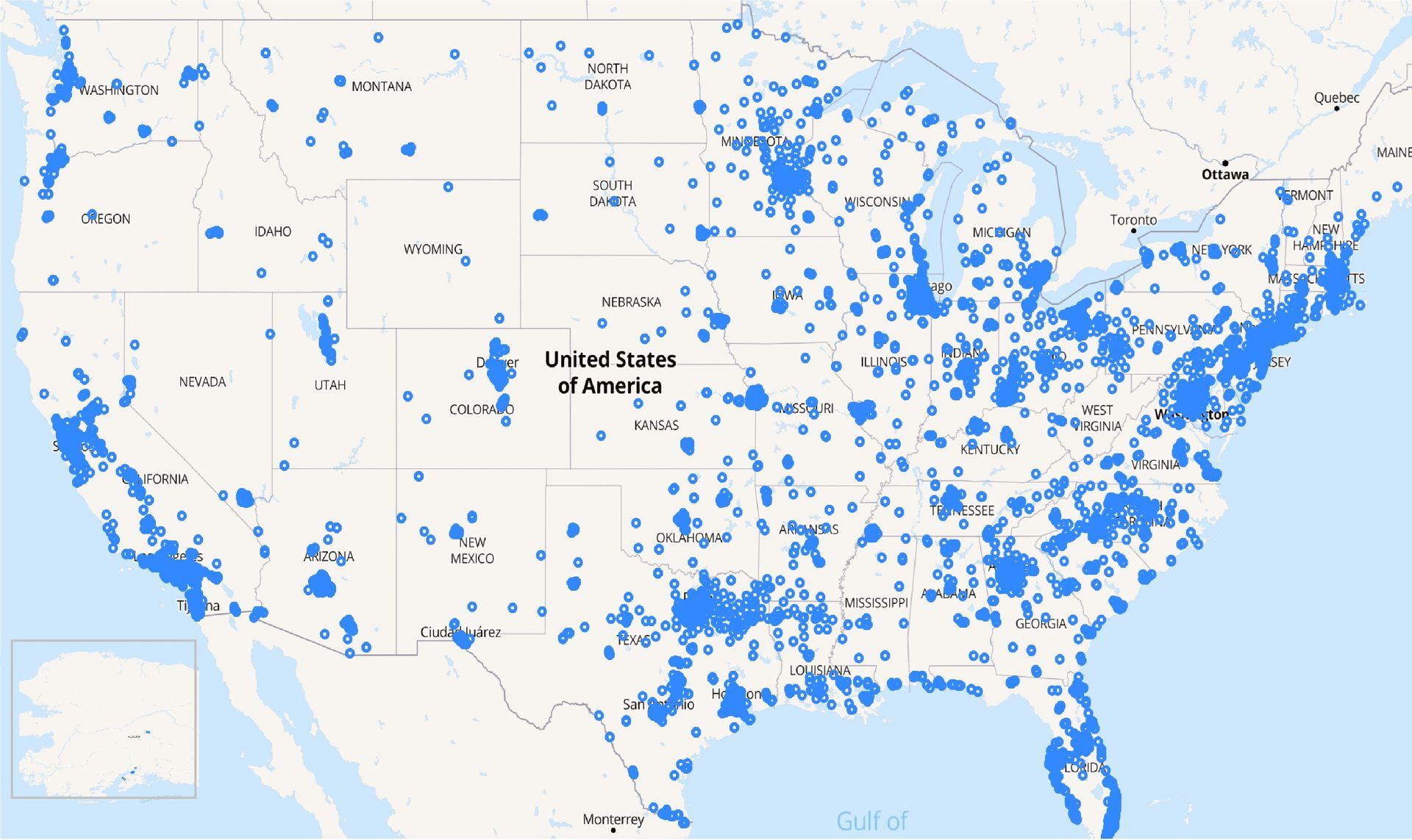 Map of the United States with blue areas highlighting population centers.