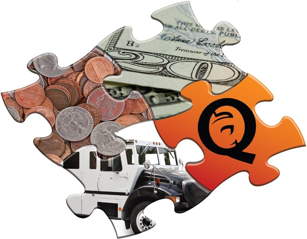 Puzzle pieces with cash, coins, an armored truck, and 