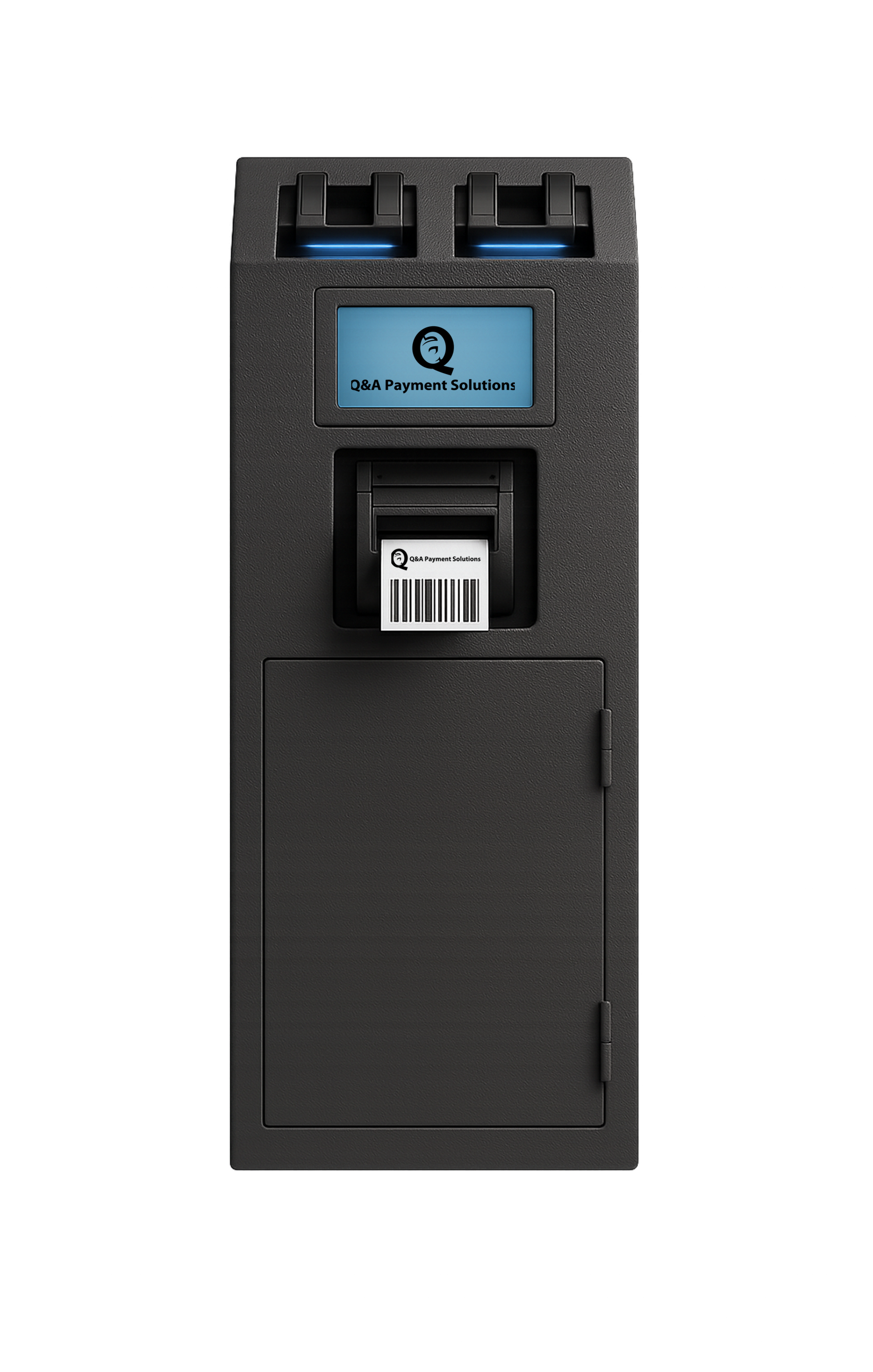 Black ticket dispenser with two blue coin slots, small display, and printed barcode.