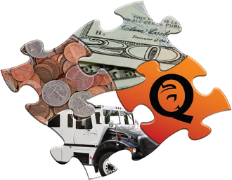 Puzzle pieces of money, armored truck, and an orange