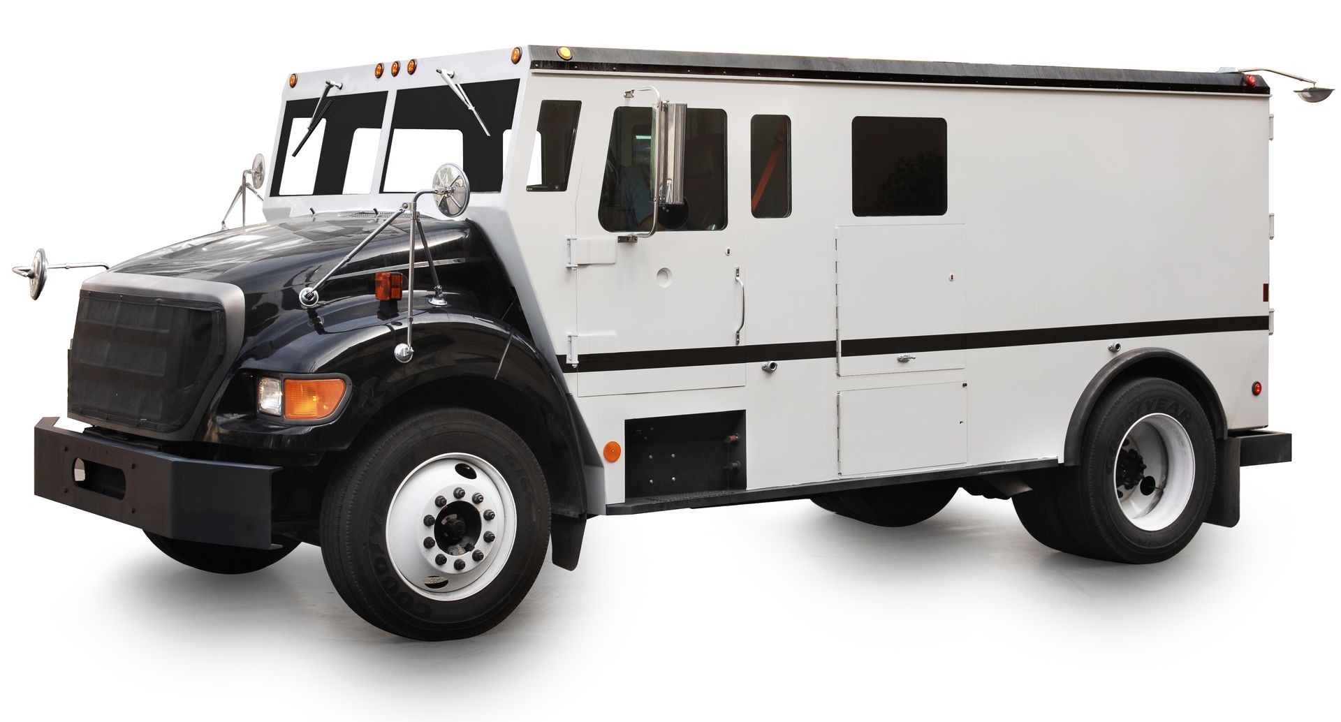 White and black armored truck on a white background.
