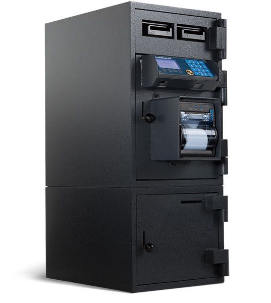 Black safe with multiple compartments, a keypad, and a receipt printer.