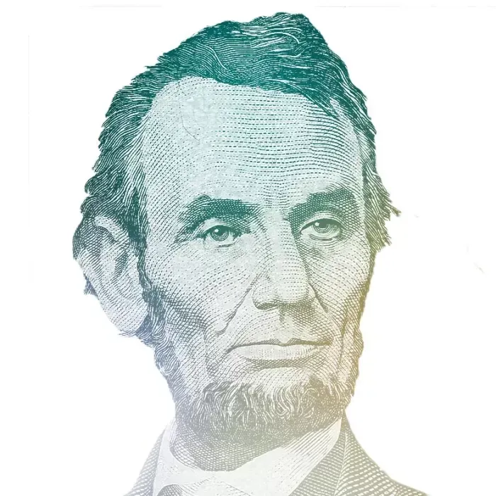 Abraham Lincoln portrait on money, with a gradient of colors from turquoise to yellow.