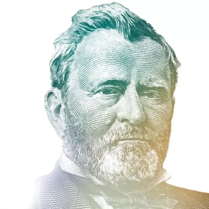 Portrait of Ulysses S. Grant, in green and gold tones, looking forward with a serious expression.