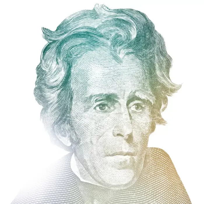 Portrait of Andrew Jackson, in blue and yellow hues.