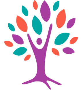 A purple person is standing in front of a tree with colorful leaves.