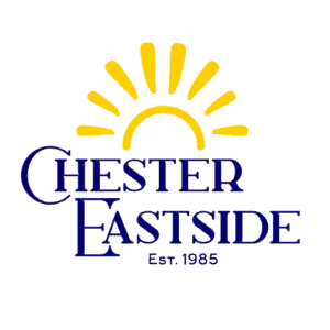 A blue and yellow logo for chester eastside