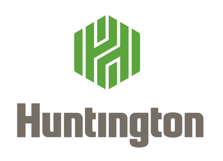 A logo for huntington with a green hexagon on a white background.