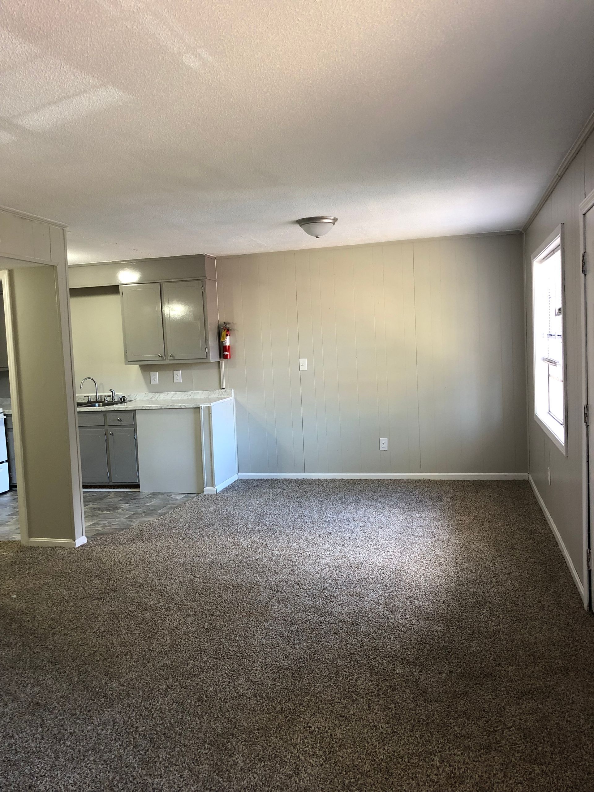 a living room with a carpeted floor and a kitchen in the background .