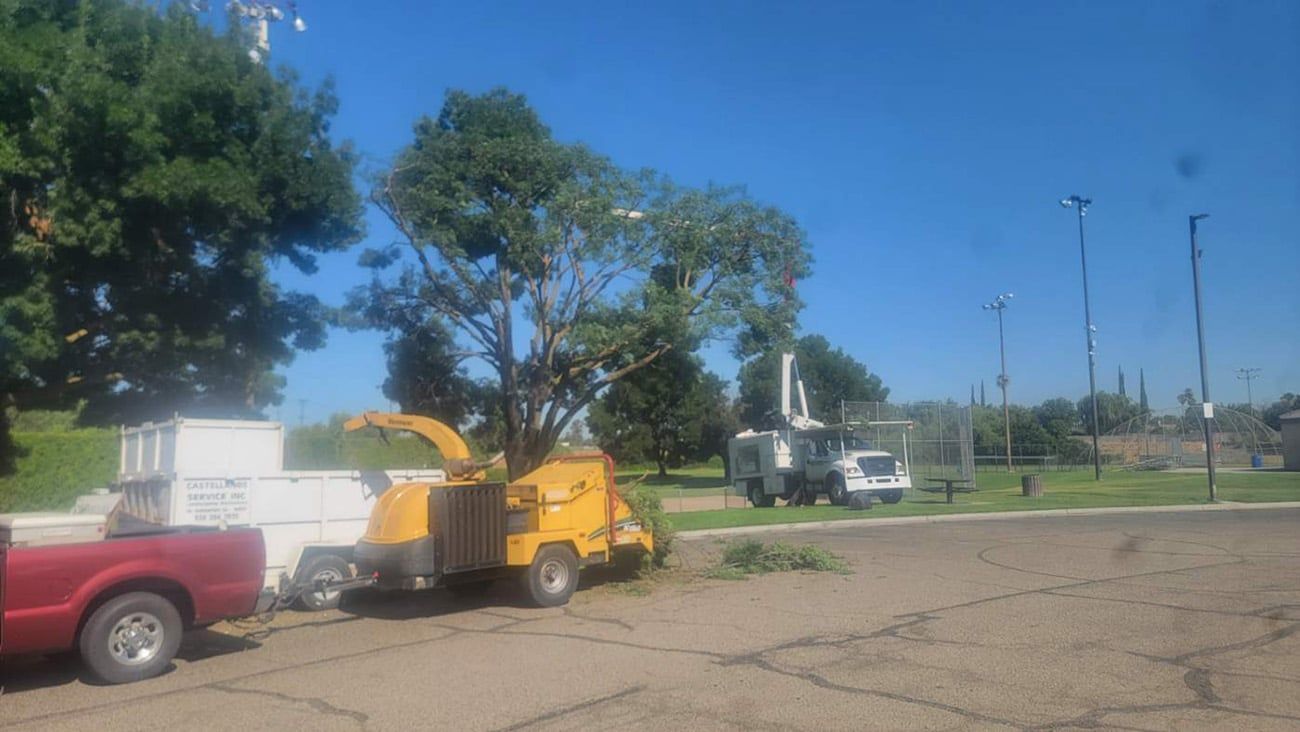 A truck is parked next to a tree chipper in a parking lot.