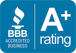 A blue sign that says bbb accredited business and a+ rating