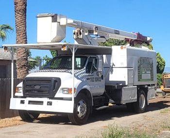 An elite tree experts truck is parked in front of a house.