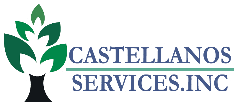 The logo for castellanos services inc. has a tree and leaves on it.