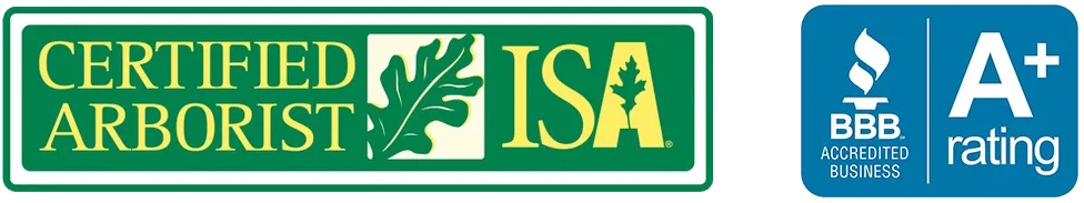 A certified arborist logo next to a bbb rating logo
