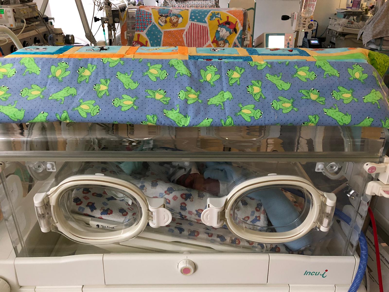 A baby in a clear incubator with arm ports, covered by frog-print blanket and colorful canopy, in a medical setting.
