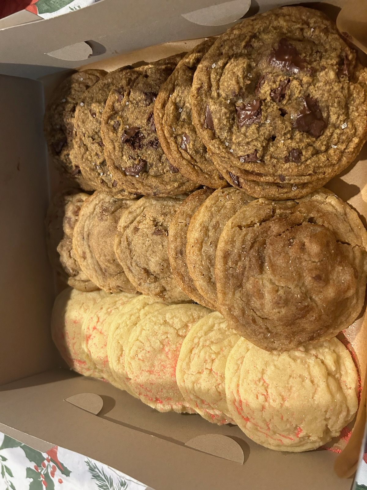 Box of chocolate chip, sugar, and unspecified cookies.