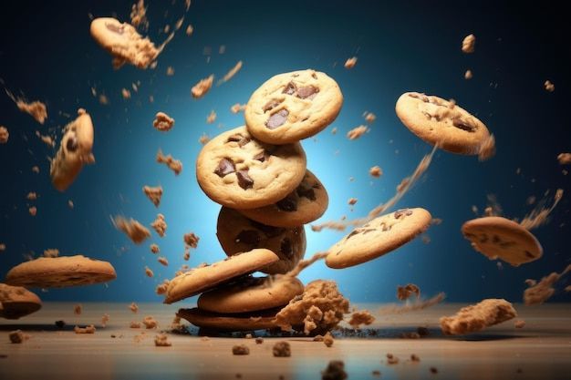 Chocolate chip cookies stacked and exploding, crumbs and cookies flying, blue background.