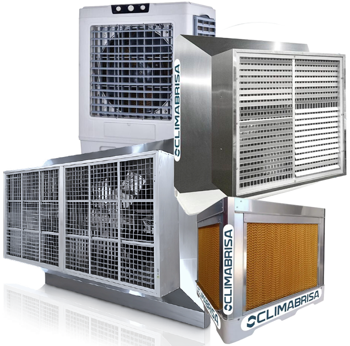Quatro climatizadores evaporativos industriais de metal nas cores prata e branca, apresentados em uma colagem de produtos.