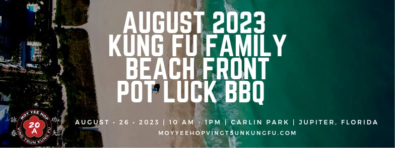 A poster for august 2023 kung fu family beach front pot luck bbq