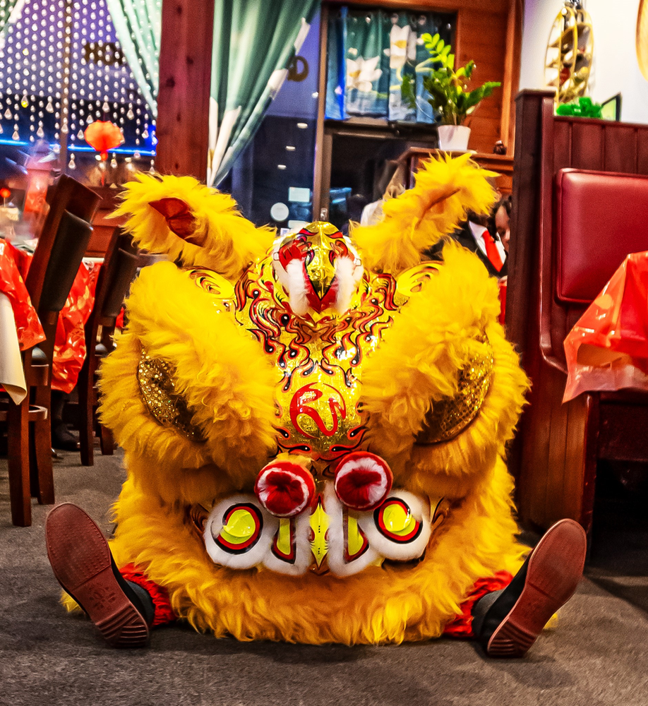 A lion costume is sitting on the floor in a restaurant