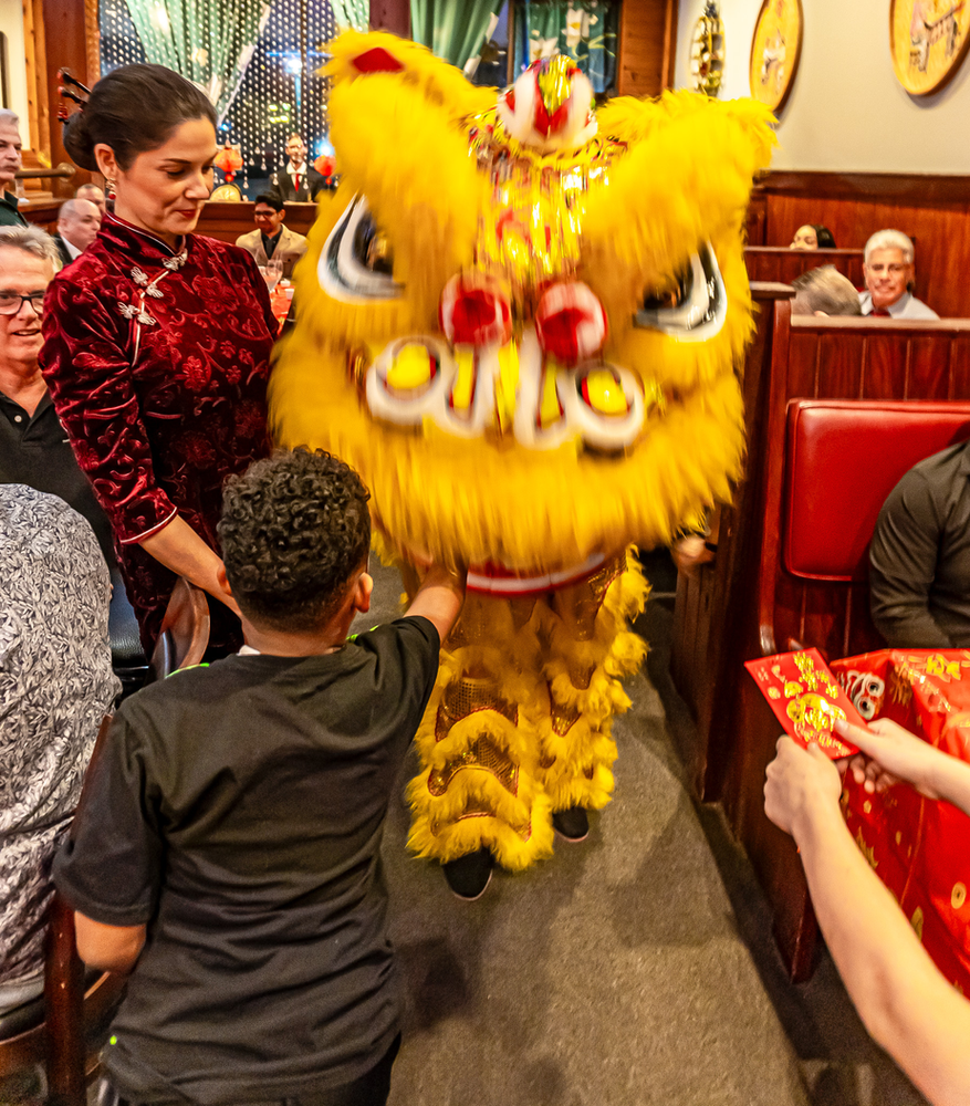 A woman in a red dress stands next to a yellow lion costume