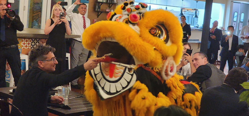 A man is holding a stick in front of a lion costume.