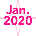 A pink logo for january 2020 with a star in the background.