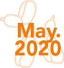 A logo for may 2020 with balloons in the background.