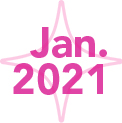 A pink logo for january 2021 with a star in the background.