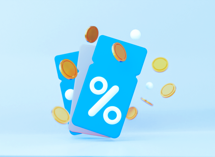 Blue discount coupons with a percent symbol and gold coins floating.