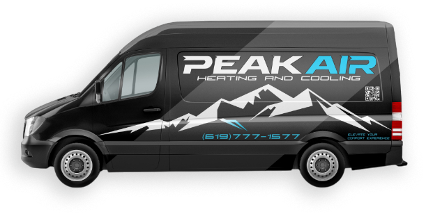 Black Peak Air van with white and blue logo and mountain graphic, phone number visible.