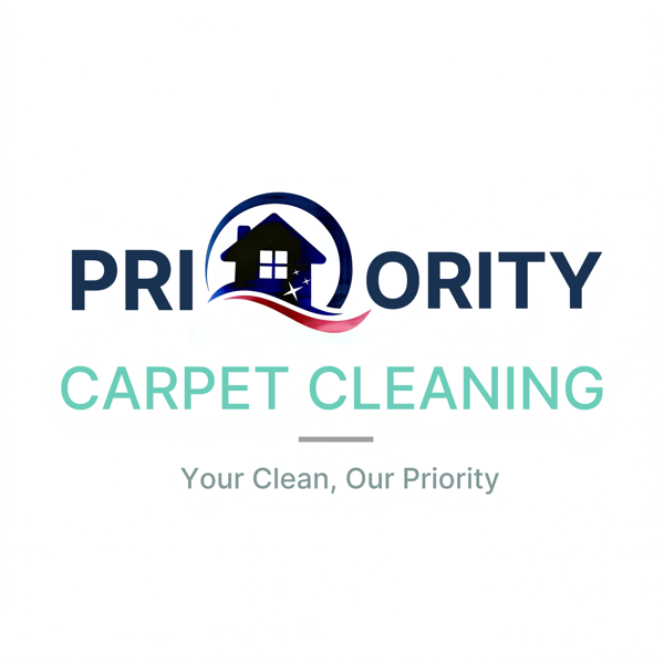 Priority Carpet Cleaning logo in navy and teal with house icon and tagline &ldquo;Your Clean, Our Priority&rdquo;