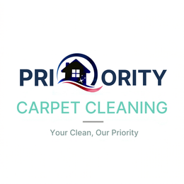 Priority Carpet Cleaning logo in navy and teal with house icon and tagline &ldquo;Your Clean, Our Priority&rdquo;